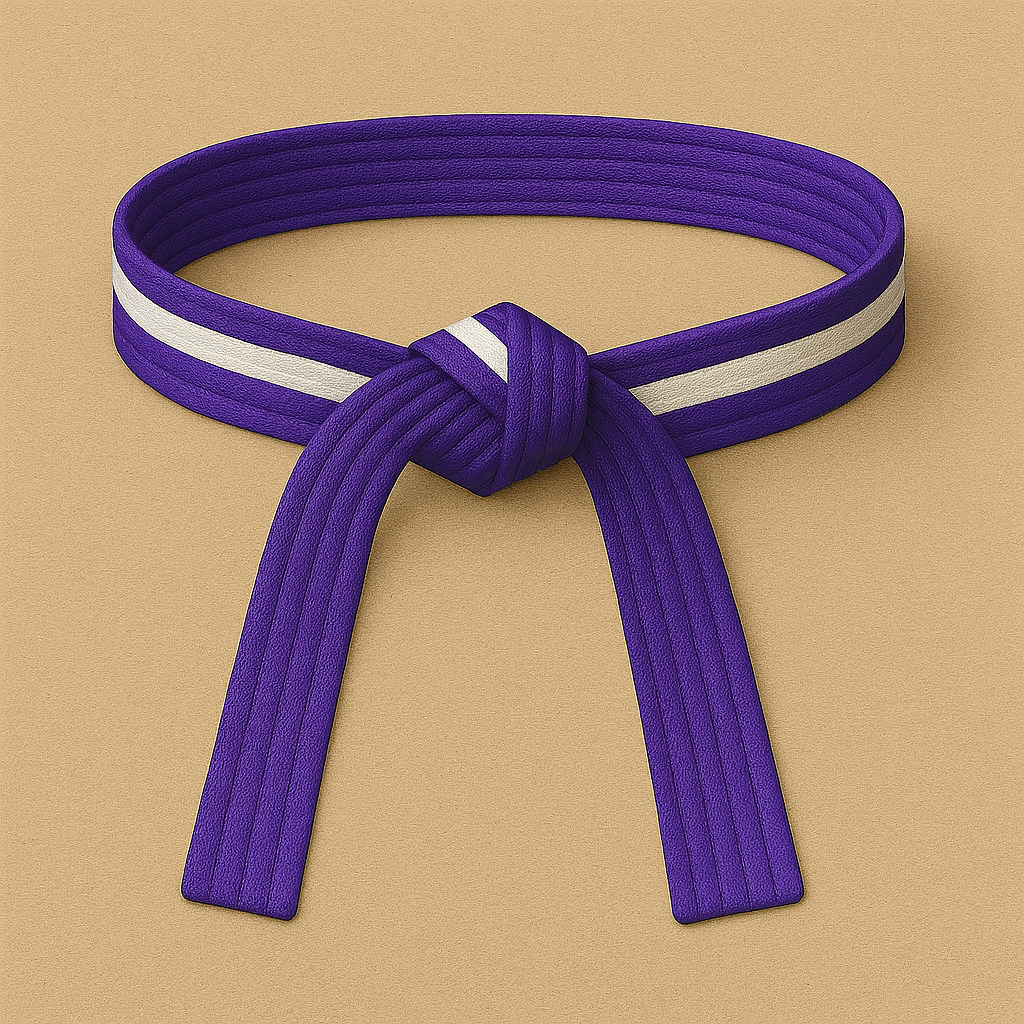 Purple martial arts belt with a white stripe on a beige background