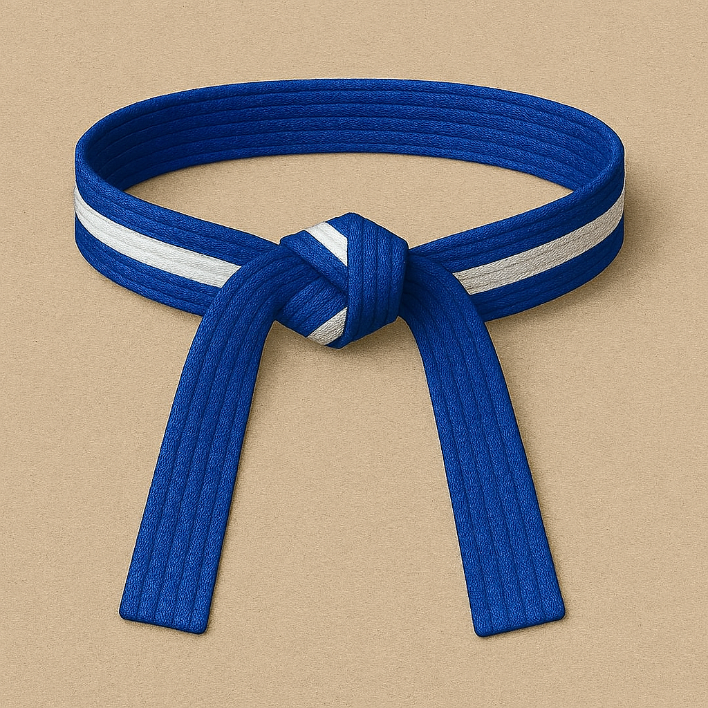Blue martial arts belt with a white stripe on a beige background