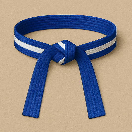 Blue martial arts belt with a white stripe on a beige background