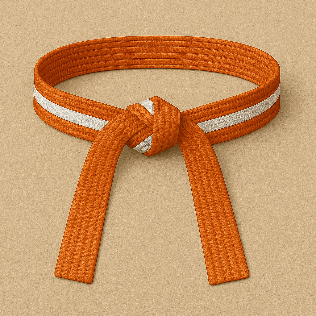 Orange belt with a white stripe on a beige background