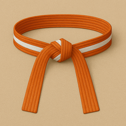 Orange belt with a white stripe on a beige background