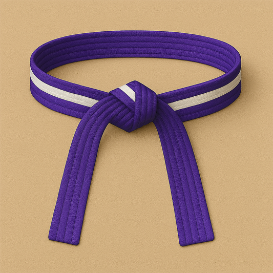 Purple martial arts belt with a white stripe on a beige background