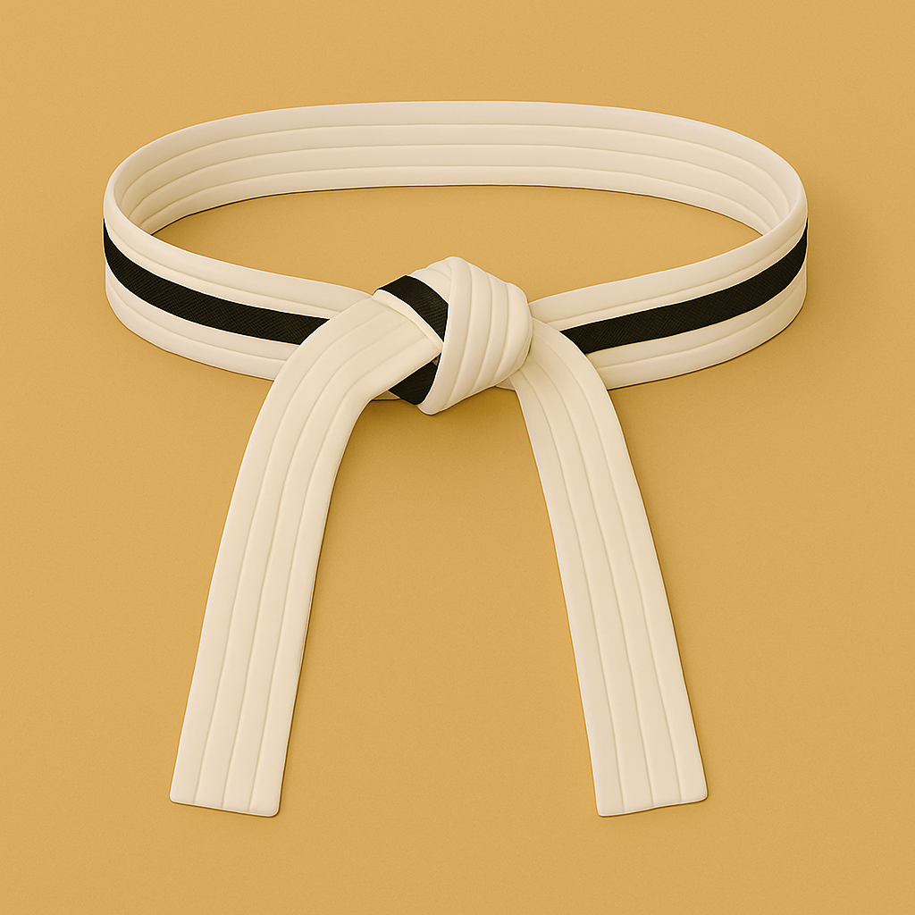 White martial arts belt with black stripes on a beige background