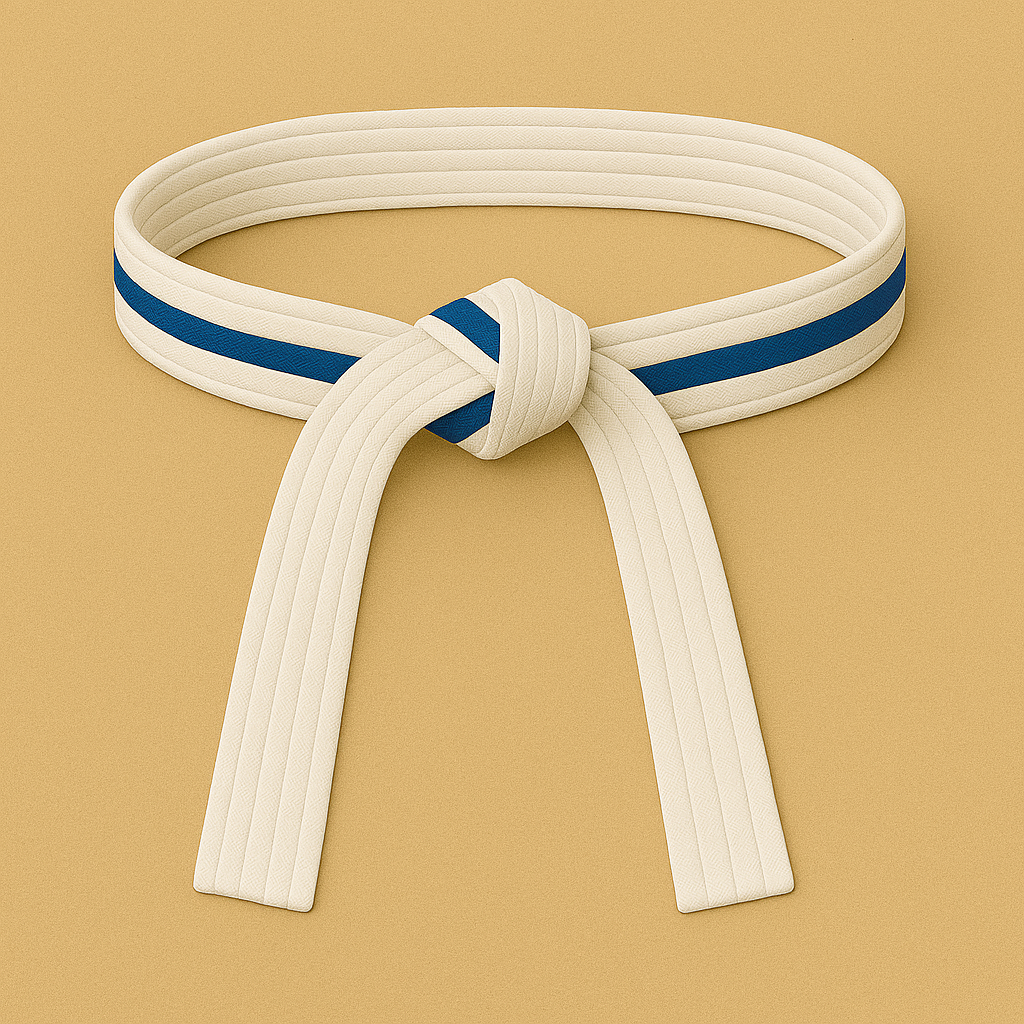White martial arts belt with a blue stripe on a beige background