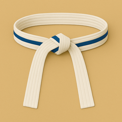 White martial arts belt with a blue stripe on a beige background
