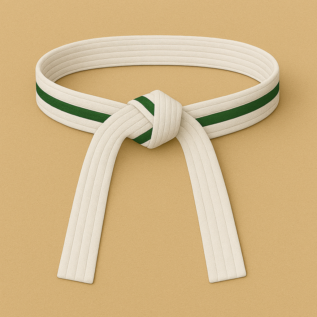 White martial arts belt with green stripes on a beige background