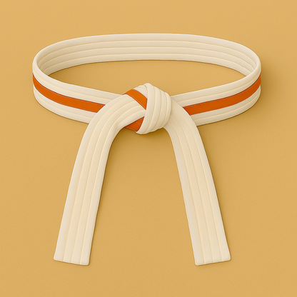 White martial arts belt with an orange stripe on a beige background