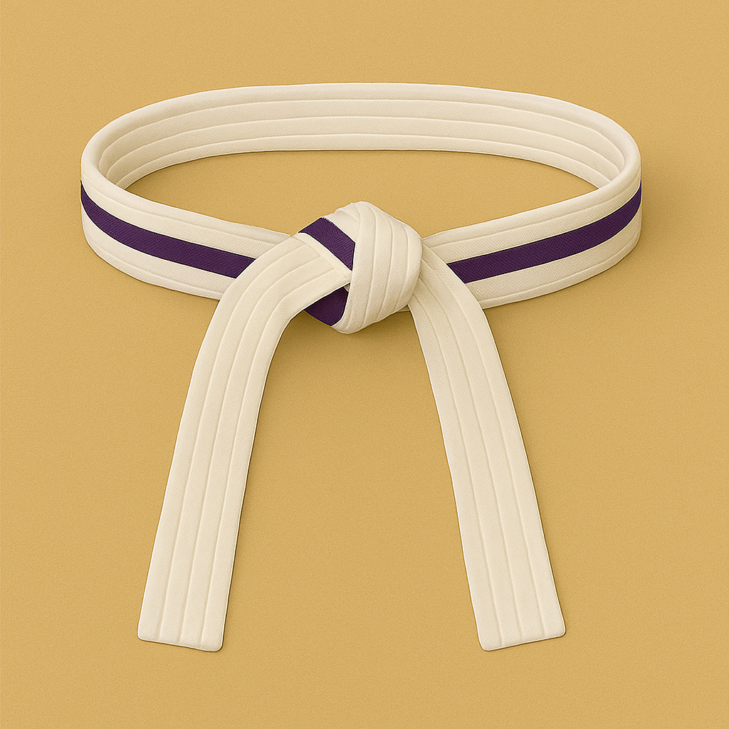 White martial arts belt with a purple stripe on a beige background