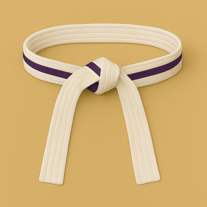 White martial arts belt with a purple stripe on a beige background