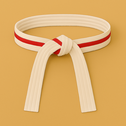 White martial arts belt with a red stripe on a beige background